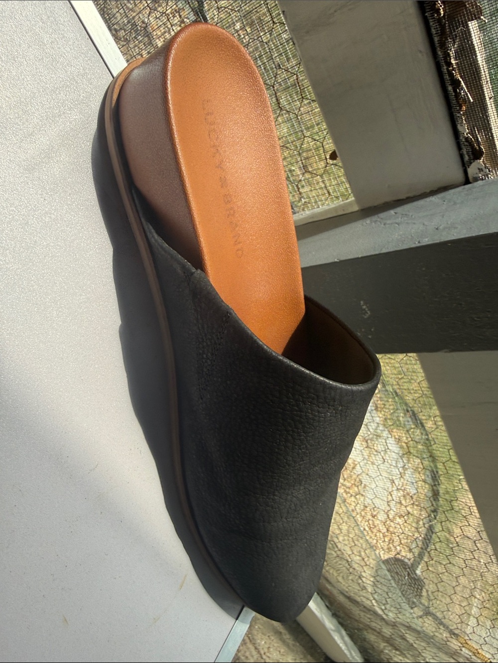 Lucky Brand Black Leather Slip-On Mule with Brown Insole